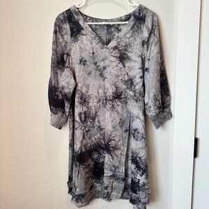 Umgee Grey Black Tie Dye Balloon Sleeves Linen Blend Tunic Mini Dress - Size S
